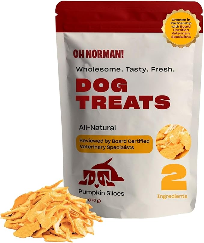 OH NORMAN! Two-Ingredient Pumpkin Dog Treats by Kaley Cuoco, Healthy Dog Treats for All Life Stages and Breeds, Air Dried, Ethically Sourced in Canada, 6 Oz