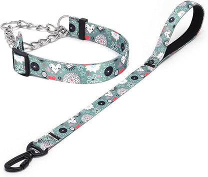 Martingale Dog Collar and Leash Set, Stainless Steel Chain, No Pull Training Collar with Flower Design, for Small, Medium, Large Dogs (NO11, S)