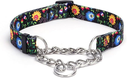 Martingale Dog Collar with Stainless Steel Chain - Limited Chain Cinch Training Collar for No Pull Training Dog - Flower Multicolor Cute Patterns - Premium No Slip Collar (L, Black)