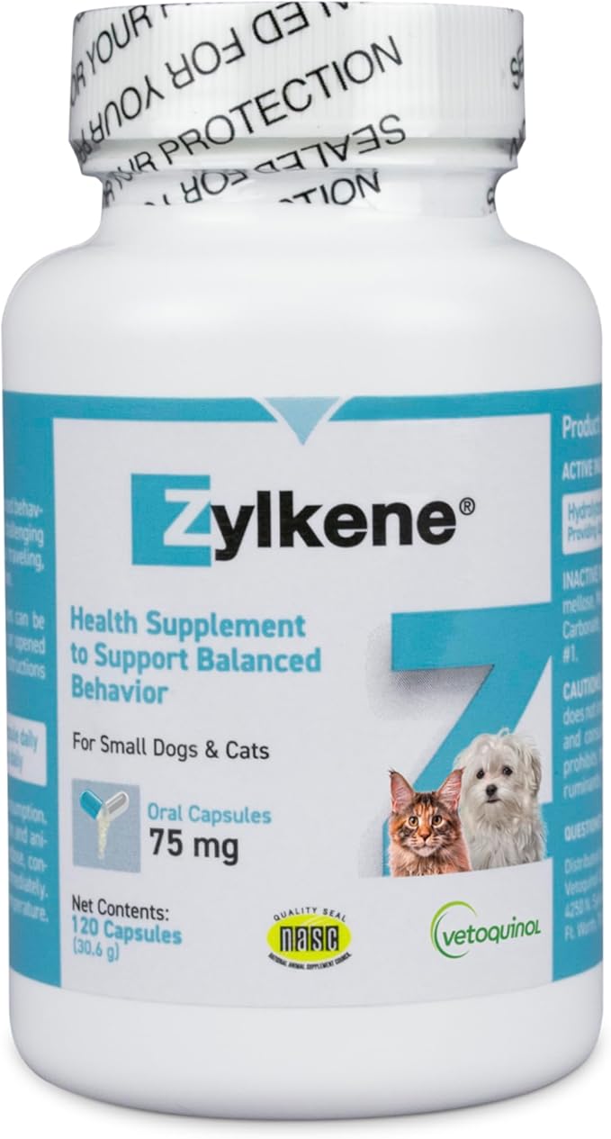 Vetoquinol Zylkene Calming Support Supplement for Small Dogs and Cats, Helps Promote Relaxation and Reduce External Stress Factors, Daily Behavioral Support and Anxiety Relief for Dogs and Cats, 75mg