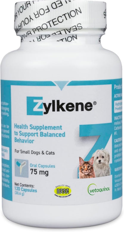 Vetoquinol Zylkene Calming Support Supplement for Small Dogs and Cats, Helps Promote Relaxation and Reduce External Stress Factors, Daily Behavioral Support and Anxiety Relief for Dogs and Cats, 75mg