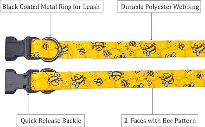Dog Collar Leash Set, Busy Bee Pattern, 5ft Matching Leash, Polyester Material, 4 for Small Medium Large Dogs.(L, Bee)