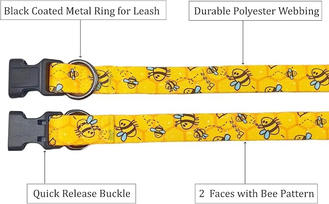 Dog Collar Leash Set, Busy Bee Pattern, 5ft Matching Leash, Polyester Material, 4 for Small Medium Large Dogs.(M, Bee)