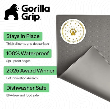 GORILLA GRIP 100% Waterproof Raised Edge BPA Free Silicone Pet Feeding Mat, Dog Cat Food Mats Contain Spills Protects Floors, Placemats for Cats and Dogs Water Bowl, Pets Accessories 28x18 Gray