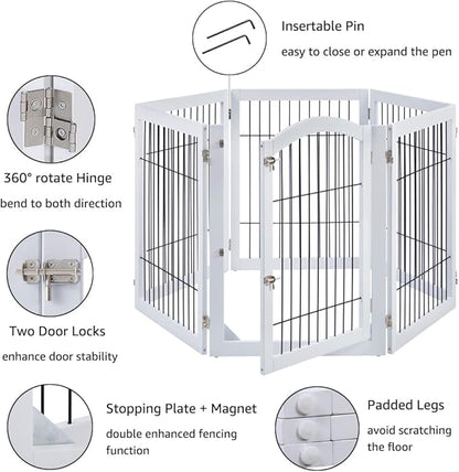 unipaws 144" Extra Wide Dog Gate and Pet Playpen, Free Standing Tall Dog Fence with Walk Through Door, Barriers for Home, Use as Indoor Dogs Cats Pen, Rabbit Pen, White