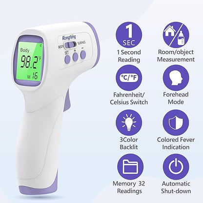 No-Touch Forehead Thermometer for Adults and Kids, Digital Thermometers with Fever Alarm, 3 Backlit and 32 Memories Fast Accurate Results, Easy for All Ages, Basal Thermometer