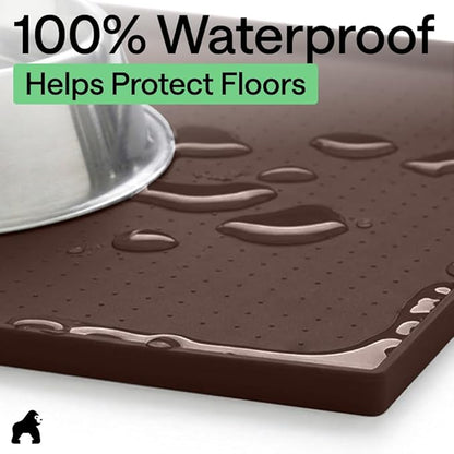 GORILLA GRIP 100% Waterproof Raised Edge BPA Free Silicone Pet Feeding Mat, Dog Cat Food Mats Contain Spills Protects Floors, Placemats for Cats and Dogs Water Bowl, Pets Accessories 16x10, Brown