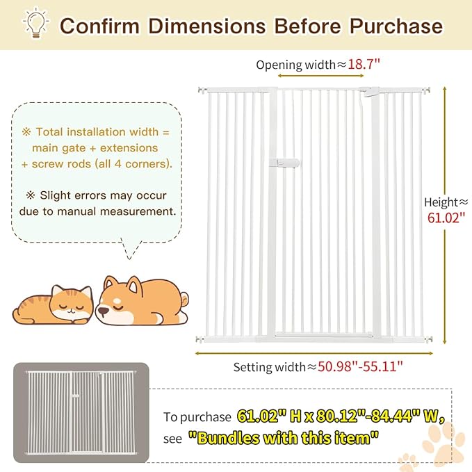 Lumizone Extra Tall Cat Gate 61.02" High Pressure Mounted Extra Wide 2025 New (17 Sizes) 1.37" Gap No Drilling Auto-Close One-Handed Operation Tall Pet Gate for Dogs(White, 61.02" H x 50.98"-55.11" W)