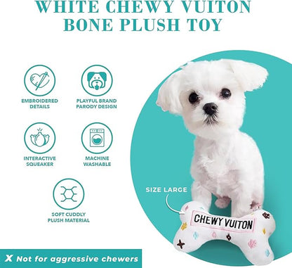 Haute Diggity Dog Chewy Vuiton Bone Plush Squeaky Dog Toy, Soft Durable Designer-Inspired Stuffed Puppy Chew Toys for Small & Medium Dogs, Machine-Washable (White) Small