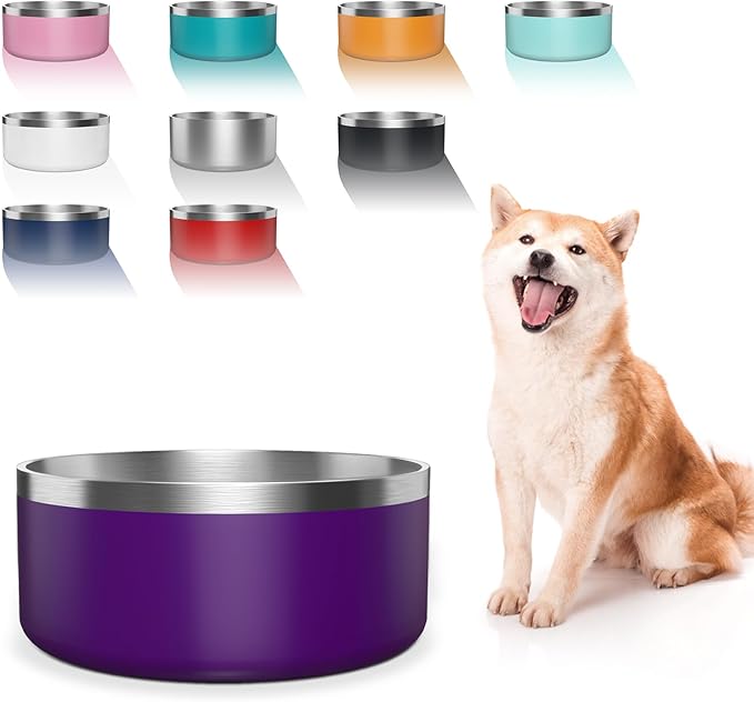 WENBOKMIN Dog Bowl, Stainless Steel Dog Food and Water Bowl with Non Slip Quiet Bottom, Easy to Clean, Dishwasher Safe, 64oz, Purple