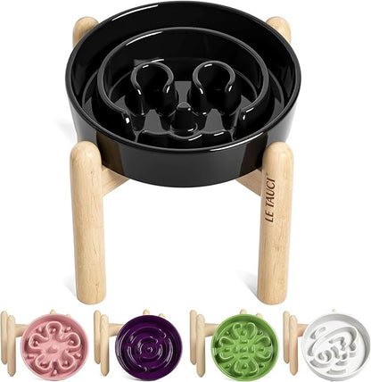LE TAUCI Ceramic Slow Feeder Dog Bowls Elevated, 1.5 Cups Raised Dog Food Bowl with Wooden Stand for Small Medium Breed, Pet Dishes to Slow Down Eating, Skull Black