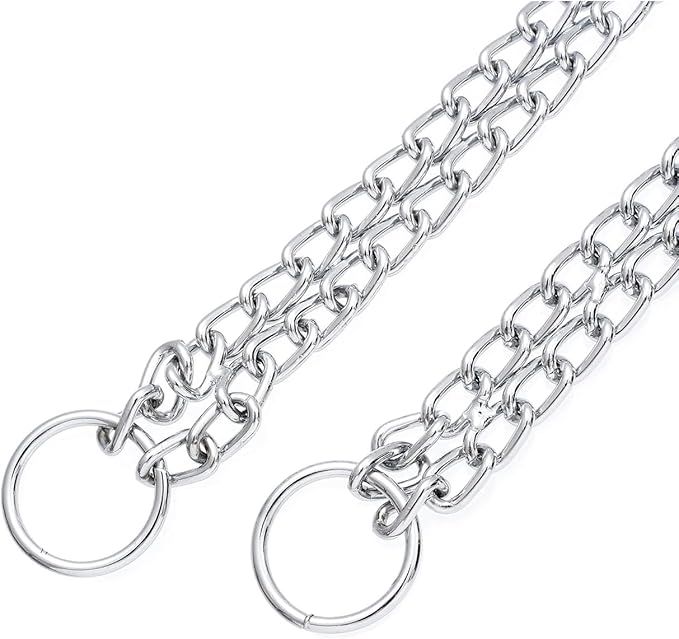 Silver Dog Choker Chain, Double Row Martingale Chain Dog Collars, Chew Proof Metal Cuban Link Slip Collar Adjustable for Small Medium Large Breed Dogs (2 Row, M)