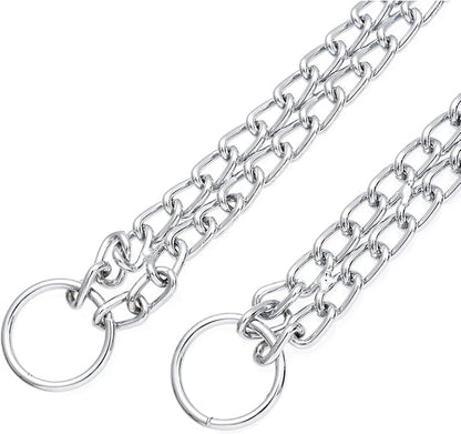Silver Dog Choker Chain, Double Row Martingale Chain Dog Collars, Chew Proof Metal Cuban Link Slip Collar Adjustable for Small Medium Large Breed Dogs (2 Row, M)