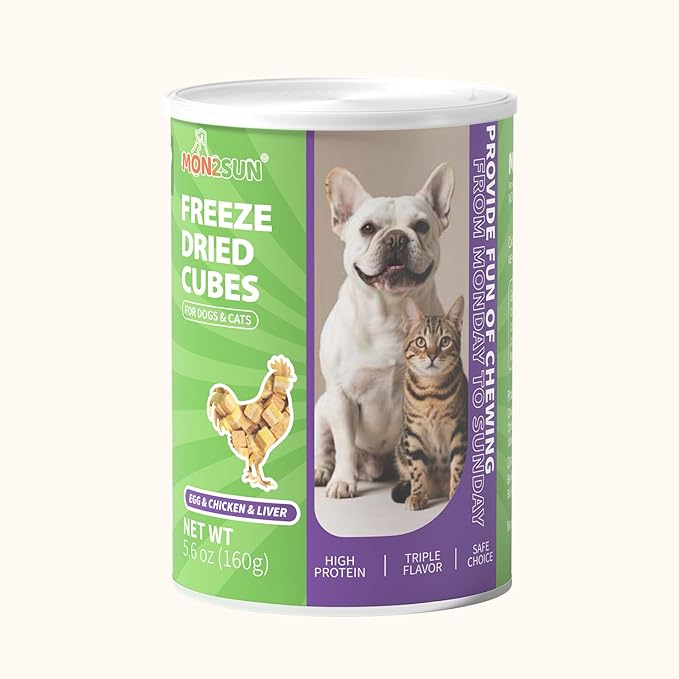 MON2SUN Triple-Layer Freeze Dried Cat & Dog Treats, Chicken, Egg & Chicken Liver Recipe Cube, Grain-Free High Protein Snacks, All Natural Food Topper or Training Rewards, 5.6oz