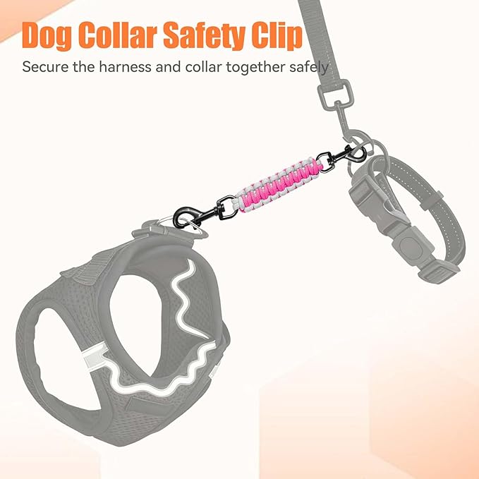 Dog Collar Safety Clip, Collar Companion, Handmade Backup Safety Strap, Double-Ended Clip Leash Connector, Suitable for Dog Harnesses, Prong, Pinch Collars (Pink,Light Gray, 1 Pack)