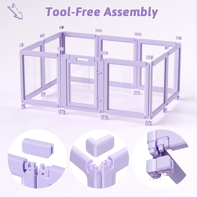 DIY Clear Acrylic Dog Playpen House,Quick Easy Assembly and Disassembly,Strong Floor Suction,Indoor and Outdoor Use,Easy Cleansing Puppy Fence (Purple, 23.6" H, 10PCS)