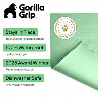 GORILLA GRIP 100% Waterproof Raised Edge BPA Free Silicone Pet Feeding Mat, Dog Cat Food Mats Contain Spills Protects Floors, Placemats for Cats and Dogs Water Bowl, Pets Accessories 18.5x11.5 Mint