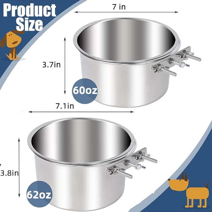 2 Pack Large Dog Water Food Bowls, Dog Crate Water Bowl No Spill, Water Bowl for Crate Cage Accessories, Kennel Water Bowls Hanging, Stainless Steel Dogs Bowls Dish Coop Cup for Large Medium Breeds