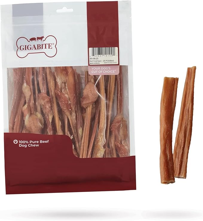 GigaBite Beef Esophagus Dog Treats - Natural Gullet Sticks for Dogs, High Protein Single Ingredient Dog Chews, Rawhide Free Dental Dog Treats for All Dog Breeds - Sticks (6 Inch), Pack of 25