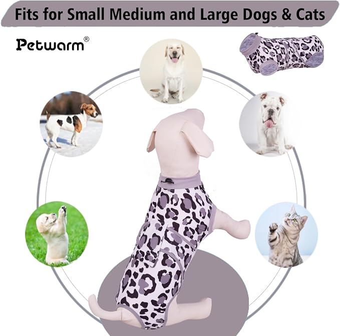 PetWarm Dog Surgical Recovery Suit, Dog Cone Alternative After Surgery, Covers Wounds, Prevents Licking, Fashionable and Protective, Lightweight and Breathable, Leopard Pattern, White, M