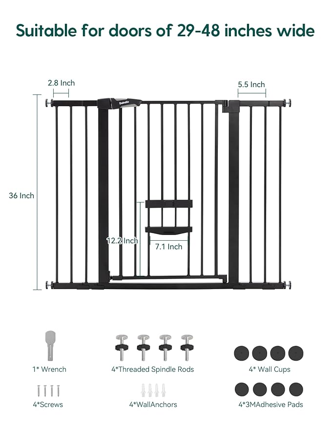 Babelio 36 Inch Extra Tall Baby Gate with Cat Door, 29-48" Auto Close Pet Door for Stairs, Doorways and House, with Wall Cups, Black