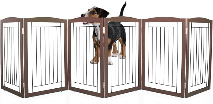 ZJSF Freestanding Foldable Dog Gate for House Extra Wide Wooden Brown Puppy Gate Stairs Dog Gates Doorways Tall Pet Gate 32 "Height 6 Panels Pet Fence