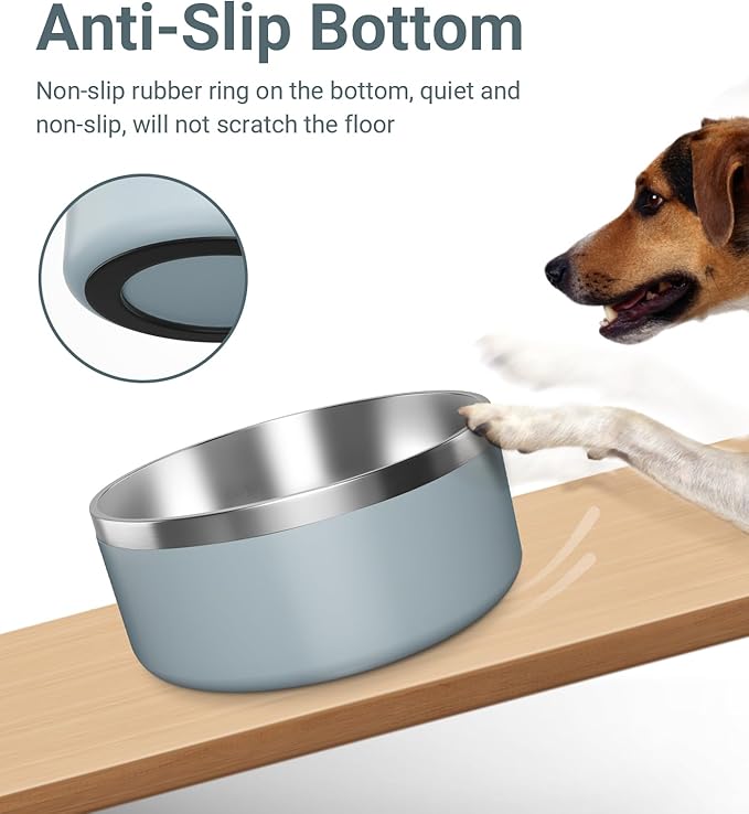 WENBOKMIN Dog Bowl, Stainless Steel Dog Food and Water Bowl with Non Slip Quiet Bottom, Easy to Clean, Dishwasher Safe, 40oz, Light Grey