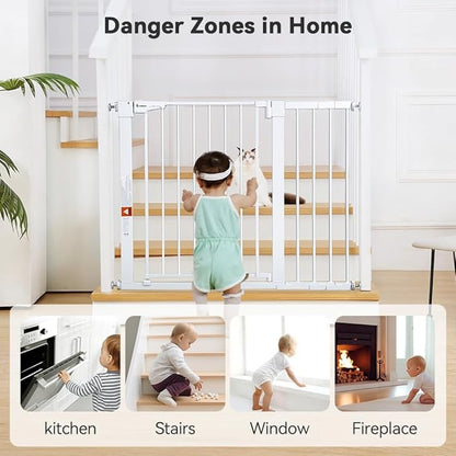 COMOMY 30" Tall Baby Gate for Stairs Doorways, Fits Openings 29.5" to 43.3" Wide, Auto Close Extra Wide Dog Gate for House, Pressure Mounted Easy Walk Through Pet Gate with Door, White
