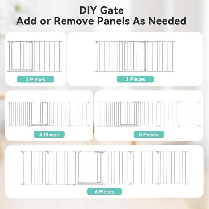 COMOMY 150" Extra Wide Baby Gate with Door, Dog Gates for The House Doorways Fireplace, Auto Close Baby Fence Play Area, Walk Through Pet Gate, Hardware Mounted, 6-Panels (30" Tall, White)