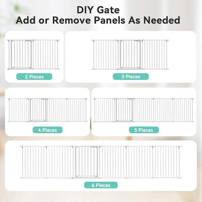 COMOMY 150" Extra Wide Baby Gate with Door, Dog Gates for The House Doorways Fireplace, Auto Close Baby Fence Play Area, Walk Through Pet Gate, Hardware Mounted, 6-Panels (30" Tall, White)