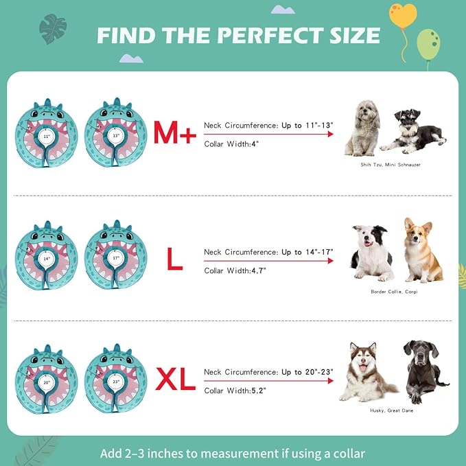 IEUUMLER Inflatable Recovery Dog Collar, Protective Donut Cone, Adjustable Soft Collar for Dog and Cat After Surgery Prevent from Biting & Scratching EU002 - Teal Dinosaur M+