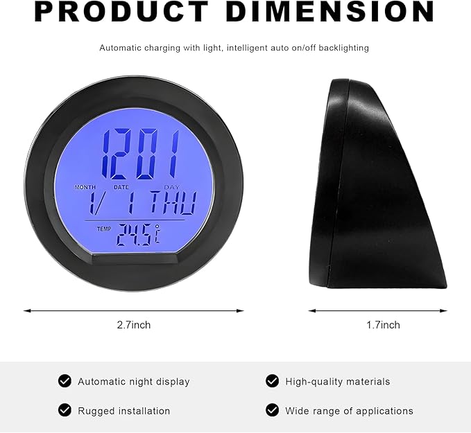 Car Digital Thermometer Clock, Solar Powered Mini Dashboard Clock with Date & 12/24 Hour Format Time, Adhesive LCD Display Watch with Backlight for Vehicle Office Home