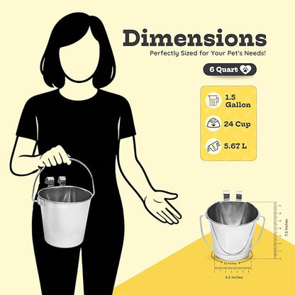 6 quart Stainless Steel Flat Sided Bucket with Dual Hooks | 1.5 gal Durable Food & Water Bowl for XL Dog Goat Sheep & Livestock | Fits kennel Cage Critter Crate | Hanging Utility Pet Pail