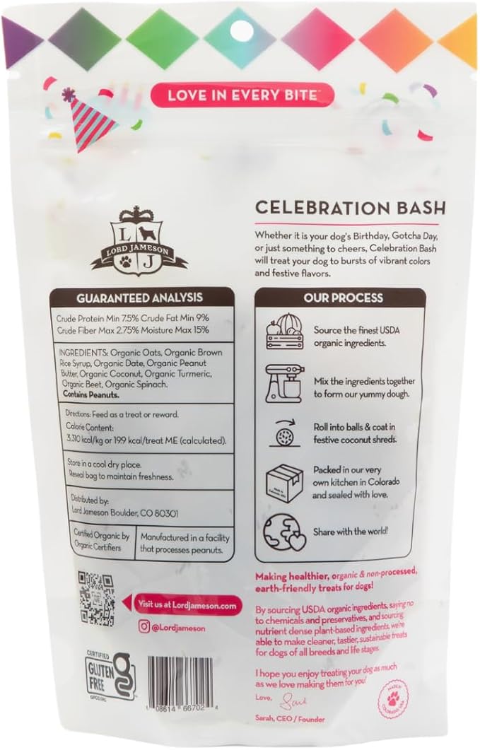 Lord Jameson: Celebration Bash 6 oz - Dog Patisserie Treats, Organic, Soft & Chewy No-Bake Superfood Bites, PB & Coconut, Gluten & Preservative Free