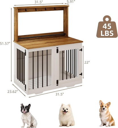 31'' Wooden Dog Crate Furniture with Storage Shelf & 4 Hooks - Heavy Duty Dog Kennel for Small/Medium Dogs, Indoor Pet Cabinet, Side Table, White