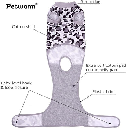 PetWarm Dog Surgical Recovery Suit, Dog Cone Alternative After Surgery, Covers Wounds, Prevents Licking, Fashionable and Protective, Lightweight and Breathable, Leopard Pattern, White, M