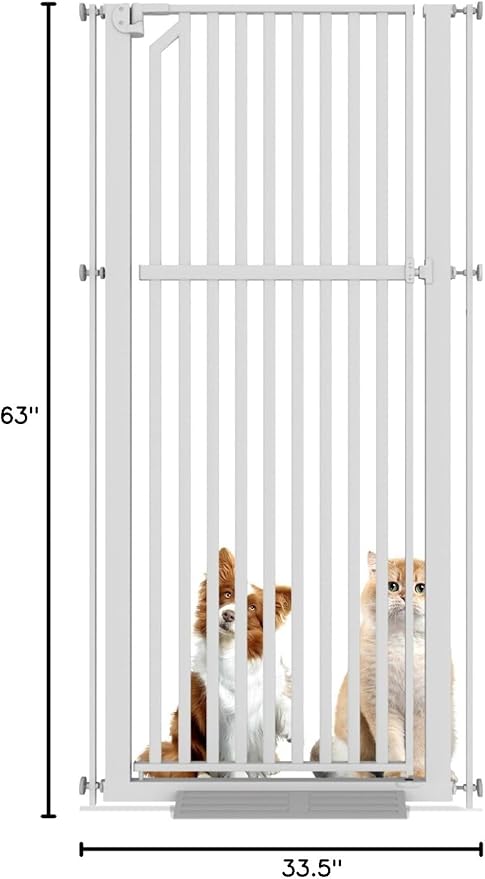 Glaf Extra Tall Pet Gate 63" Pressure Mounted Cat Door Safety Metal Cat Gate Adjustable Width Dog Door Auto-Close Dog Gates for Doorways, Stairs, Kitchen, Hallway (White, 29.92-33.46")