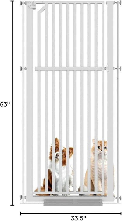 Glaf Extra Tall Pet Gate 63" Pressure Mounted Cat Door Safety Metal Cat Gate Adjustable Width Dog Door Auto-Close Dog Gates for Doorways, Stairs, Kitchen, Hallway (White, 29.92-33.46")