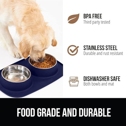 GORILLA GRIP Feeding Mat Bowl Set, 100% Waterproof BPA Free Silicone, 304 Stainless Steel Cat and Dog Bowls for Food and Water, Slip Resistant, High Edge, US Designed, Patent Pending, 2 Cup Navy Blue
