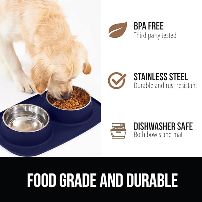 GORILLA GRIP Feeding Mat Bowl Set, 100% Waterproof BPA Free Silicone, 304 Stainless Steel Cat and Dog Bowls for Food and Water, Slip Resistant, High Edge, US Designed, Patent Pending, 1 Cup Navy Blue