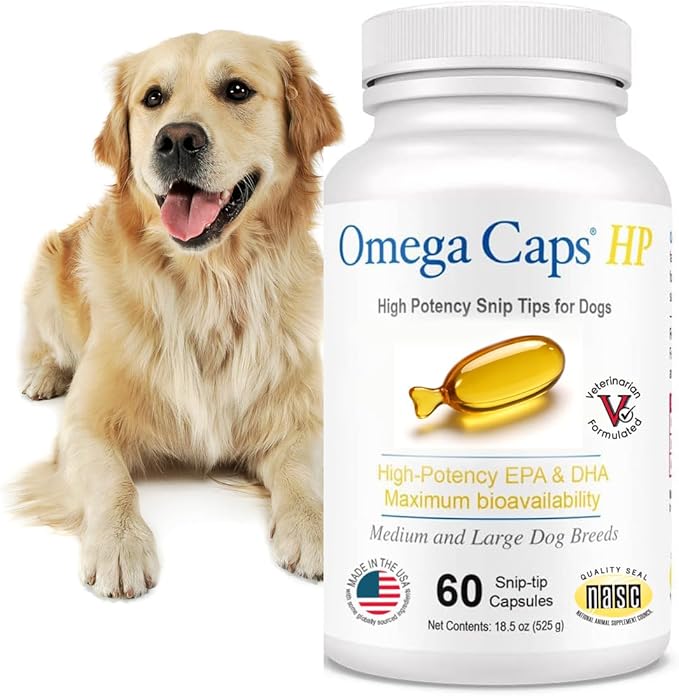 Omega Caps HP Snip Tips for Medium and Large Dogs High Potency EPA and DHA Maximum Bioavailability Fish Oil Supplement Vet Formulated Made in USA Skin Coat Joint and Heart Health 60 Capsules
