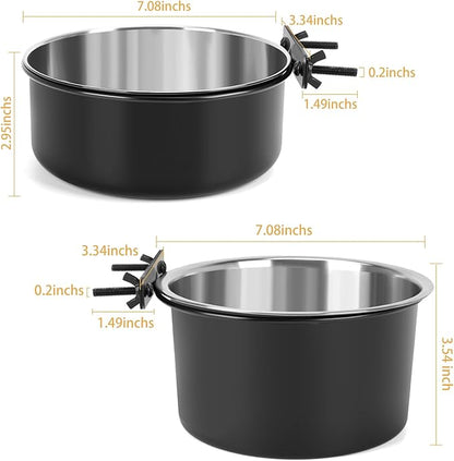 2 Pcs Black Large Pet Dog Food Water Bowl for Cage Stainless Steel Non-Spill Kennel Hanging Cats Bowls with Clamp Holder Crate Feeder Dish for Medium Large Dogs Huge Pets (7.1x3.7'' & 7.1x2.5'')