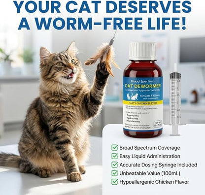 Liquid Dewormer for Cat and Kittens, Praziquantel and Pyrantel Pamoate Oral Suspension, Broad Spectrum Removes Roundworm, Hookworm, Tapeworm, Includes 3ml Dosing Syringe (100ml)