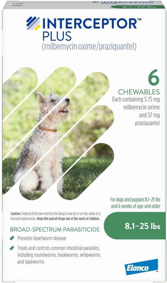 Interceptor Plus Prevention for Heartworm + 4 Other Worms for Dogs 8.1-25 lbs. | 6 Chews, 6-Month Supply