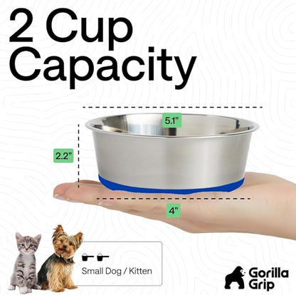 GORILLA GRIP Dog Bowls, Food Grade 304 Stainless Steel, Holds 2 Cups Each (16 fl oz) Food and Water Bowl for Feeding Dogs and Cats, Dishwasher Safe, Rust Resistant, BPA Free Rubber Base Set of 2 Blue
