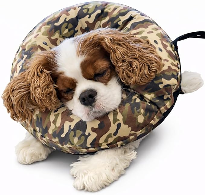 Comfy-K9 Camo Cone - Inflatable Dog Cone with Soft Camouflage Design, Adjustable Blow Up Donut, Machine Washable, Medium Size Collar for Comfortable & Stylish Pet Recovery
