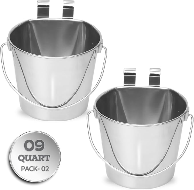 9 Quart Stainless Steel Flat Sided Bucket with Dual Hooks | 2 Pcs Food & Water Bowl for XL Dog Goat Cattle Horse & Livestock | Fits kennel Crate Cages Farm Hanging Pet Pail | Multipurpose