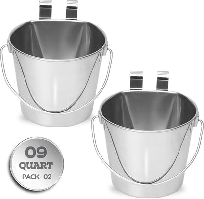9 Quart Stainless Steel Flat Sided Bucket with Dual Hooks | 2 Pcs Food & Water Bowl for XL Dog Goat Cattle Horse & Livestock | Fits kennel Crate Cages Farm Hanging Pet Pail | Multipurpose