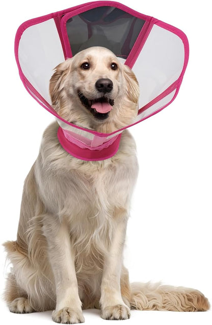Foldable Dog Cone Collar - Adjustable Elizabethan Recovery Collar for Dogs After Surgery, Transparent Waterproof E-Collar to Stop Licking Wounds, Fits Small Medium Large Dogs, Rose Red, XL