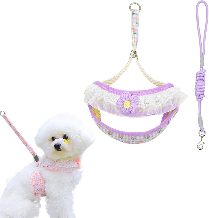 Cat Harness Collar and Leash Set, Sweet Lace Floral Kitten Collar, Escape Proof Puppy Chest Harness, Adjustable Cute Harness Leash Set for Cat Puppy Dog Outdoor Walking (Purple, S)